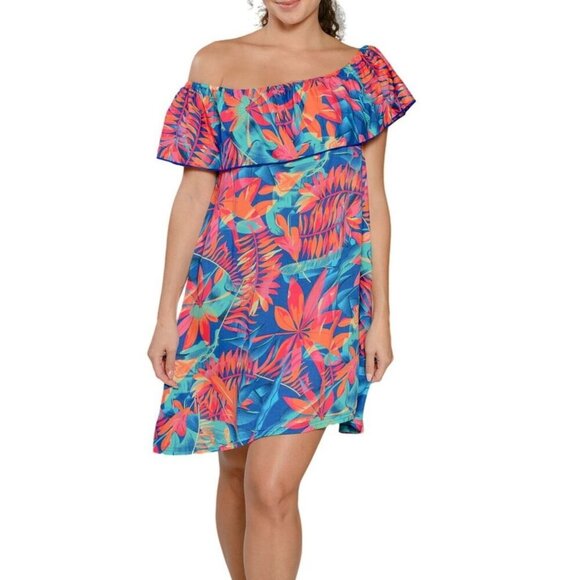 Ingear Resort Tropical Leaf Print Off-Shoulder Summer Oversized Swim Dress NWT - Picture 1 of 13